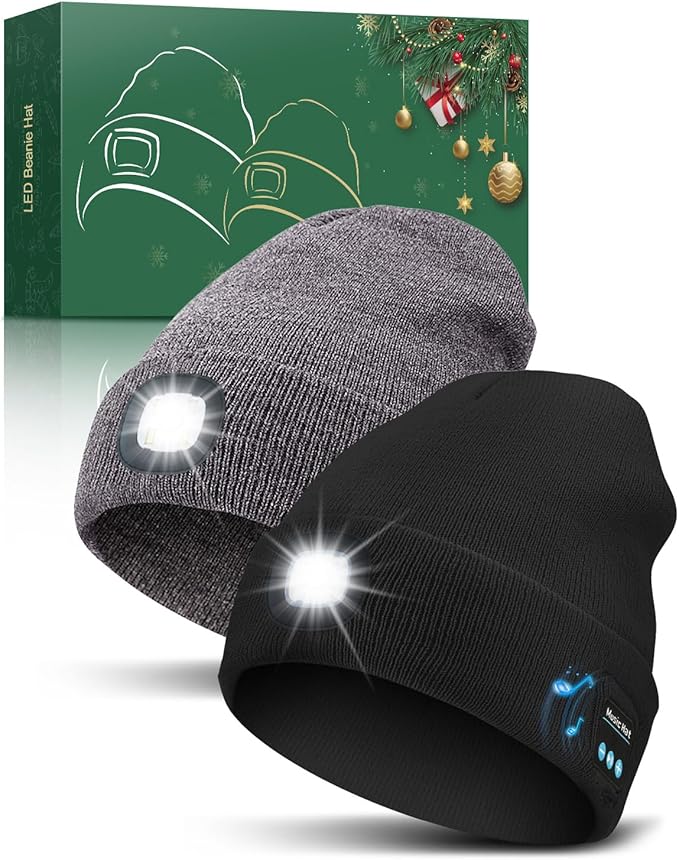 Bluetooth Beanie with Light, USB Rechargeable LED Headlamp Winter Hat, Christmas Stocking Stuffers Gifts for Men Women MOXTOYU