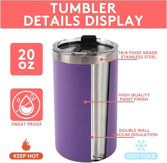 20 Oz Stainless Steel Skinny Tumbler with Splash Proof Lid, Vacuum Insulated Double Wall Thermal Cup, Outdoor Unbreakable Travel Slim Bottle for Hot Cold Drinks