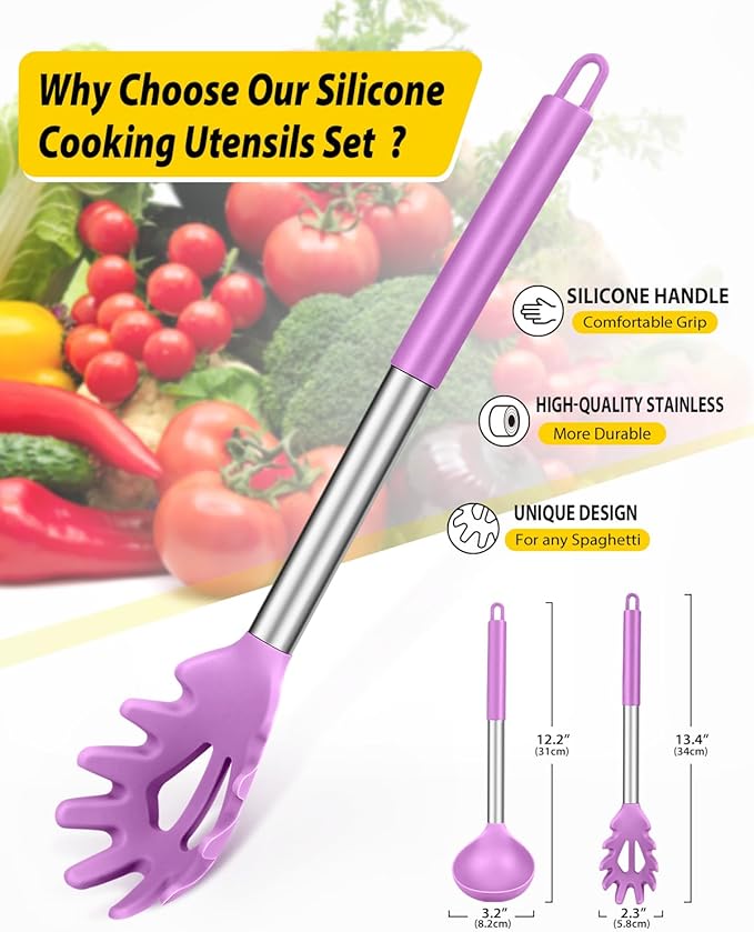 Silicone Pasta Fork and Ladle Spoon Set, Large Non Stick Kitchen Utensils for Cooking,Stirring,Serving Spaghetti, Soup, Sauce (PURPLE) BUNDLEPRO