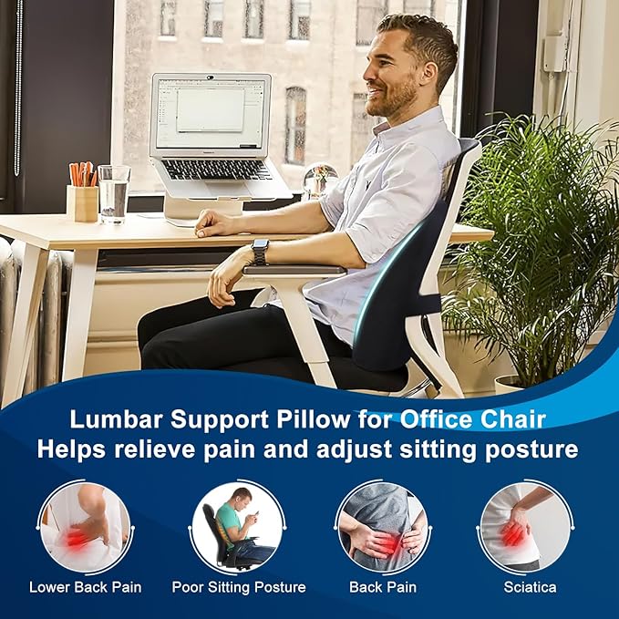 QUTOOL Lumbar Support Pillow for Office Chair, Memory Foam Low Back Support,Back Pain Relief, Ergonomic Back Cushion for Desk Chair,Gaming Chair,Adjustable Strap and Washable Cover QUTOOL