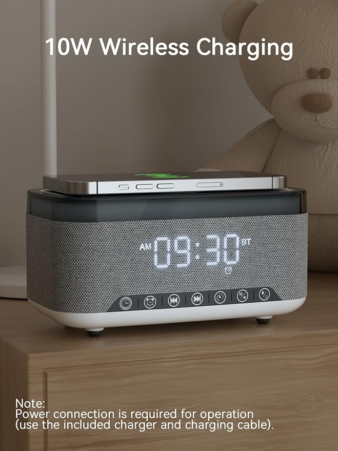 Bluetooth Speaker Alarm Clock with 10w Fast Wireless Charger for iPhone Samsung, 10W Stereo Bluetooth Speaker, 12-Color Night Light, White Noise Machine Digital Clock with FM Radio for Bedroom REATSOC