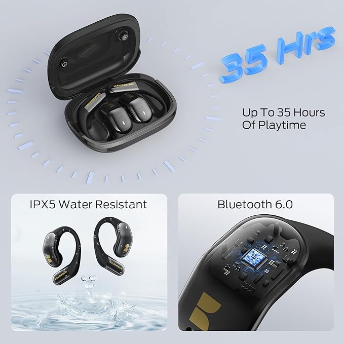 Monster Open Ear AC326 Headphones, Bluetooth 6.0 Wireless Earbuds with Dual-Mic Clear Calls, Air Conduction Headphones with Ear Hooks, Spatial Audio, Snug Fit, 35H Playtime, IPX5 for Sports, Black Monster