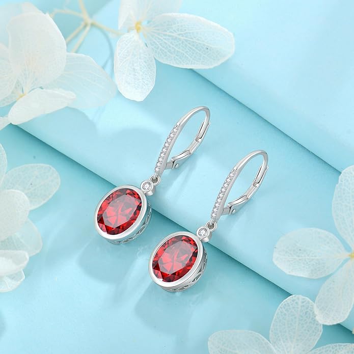 FJ Oval Cut Dangle Drop Earrings 925 Sterling Silver Leverback Earrings Birthstone Jewelry Gifts for Women FJ
