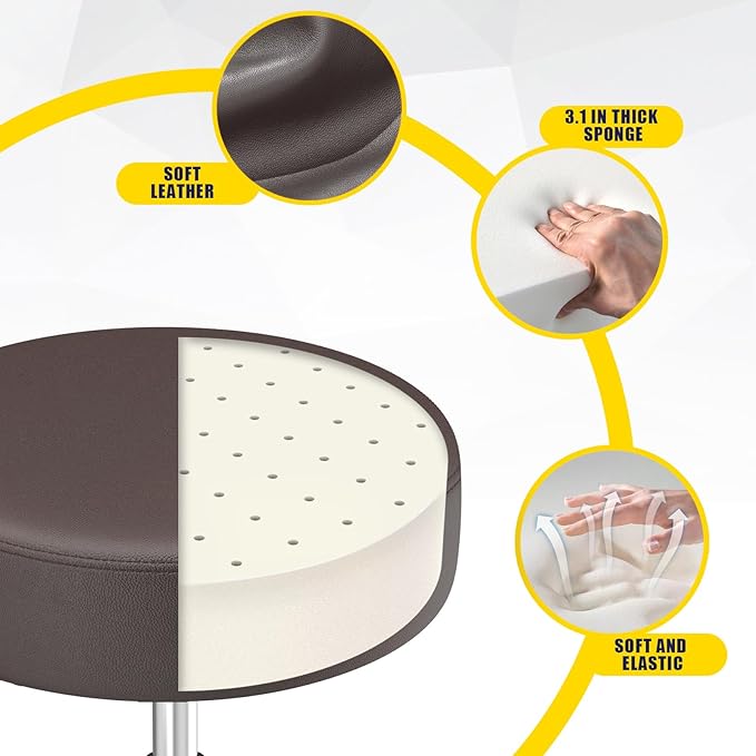 Rolling Stool, Heavy Weight Capacity 250lb, PU Leather Rolling stools, Ultra Soft Padded Seat, Rolling Stools with Wheels and Footrest, 360° Swivel, Spa Drawing Salon Work Office Tattoo Stool (Brown) YEEZEE