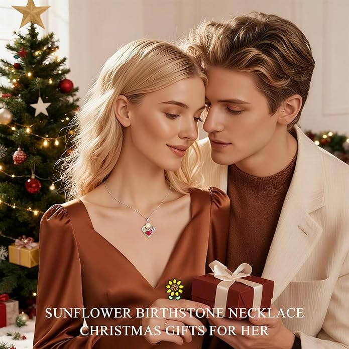 Iefil Christmas Gifts for Women Wife - Sunflower Birthstone Necklace for Women, Anniversary Birthday Gifts 925 Sterling Silver Heart Pendant You Are My Sunshine Jewelry for Girlfriend Mom Daughter IEFIL