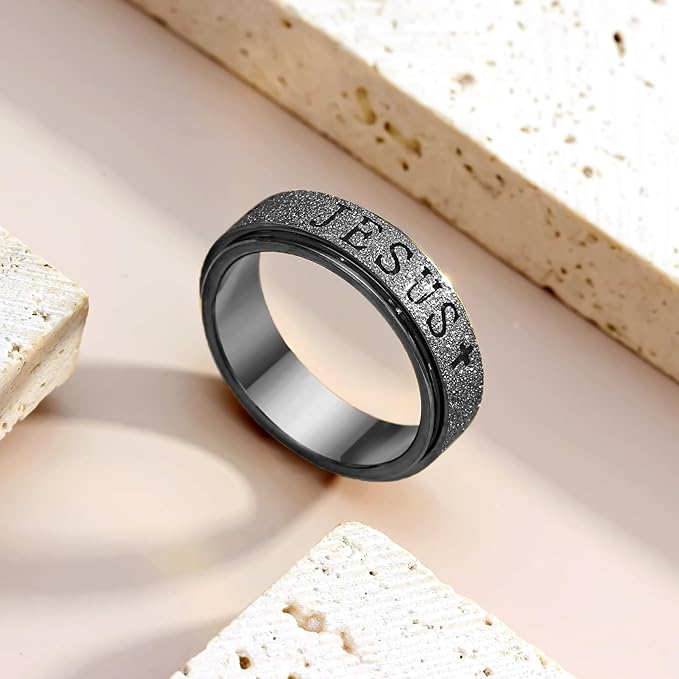 Fidget Spinner Anxiety Ring for Women: Fidget Toys Adults Cute Jesus Thumb Ring Stainless Steel Gold Silver Size 5 6 7 8 9 10 (Black, 8)
