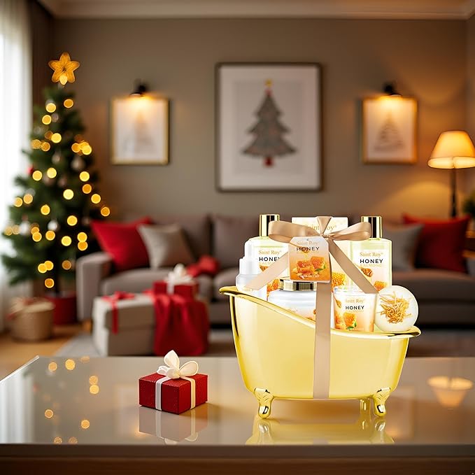 Christmas Gifts for Women Bath & Body Gift Set, Luxury Home Spa Bath Gift Basket, Honey Almond Scented Bath Set, Pamper Gifts Birthday gifts & Teens, Spa Kit Gift, Home Spa Gifts for Men Dad SaintRoy