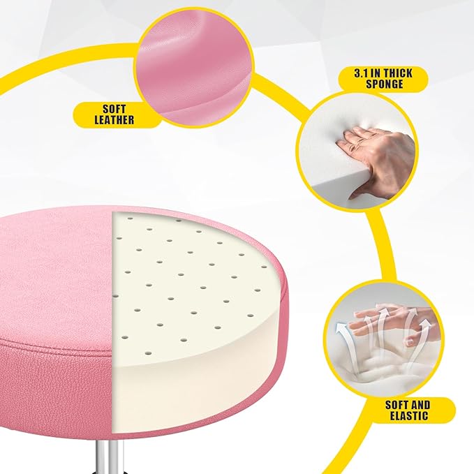 Rolling Stool, Heavy Weight Capacity 250lb, PU Leather Rolling stools, Ultra Soft Padded Seat, Rolling Stools with Wheels and Footrest, 360° Swivel, Spa Drawing Salon Work Office Tattoo Stool (pink) YEEZEE