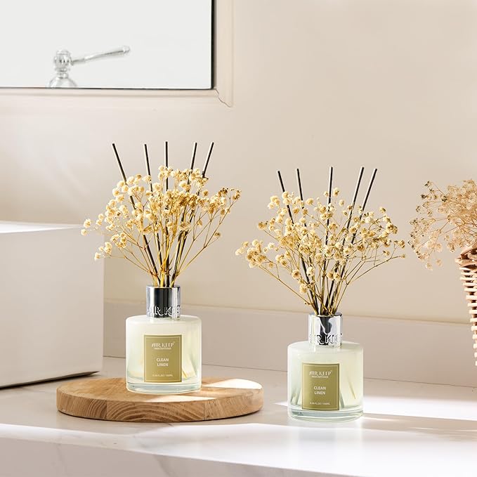 Airkeep Reed Diffuser 3.38 oz (100ml) 2pk, Clean Linen Scented Reed Diffuser Set,Reed Diffuser & Oil Diffuser Sticks, Aromatherapy, Airkeep Reed Diffuser Set Box 2-Clean Linen Airkeep