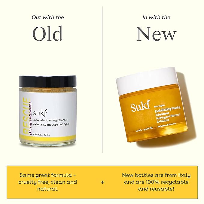 Suki Skincare Exfoliate Foaming Cleanser - With Natural Sugar & Colloidal Oat - Facial Exfoliator & Mechanical Exfoliant that Reduces Dry Skin Buildup While Promoting Radiant, Smooth, Soft Skin - 4 oz Suki