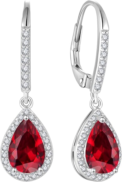 FJ Teardrop Dangle Drop Earrings 925 Sterling Silver Halo Leverback Earrings Birthstone Jewelry Gifts for Women FJ