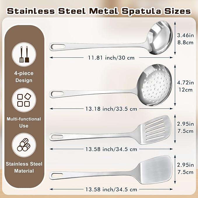 4 Pcs Cooking Utensils Set, Stainless Steel Kitchen Utensils, Heat Resistant Metal Kitchen Tools Include Solid & Slotted Turner Wok Spatula, Serving Spoon, Ergonomic Handle, Easy to Clean, Silver Kick Boosters