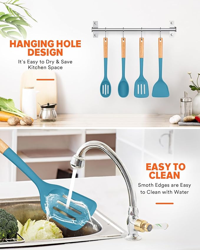 Silicone Cooking Utensils Set, Perfectly Angled for Frying, Mixing,Serving,Draining,Turning and Stirring, BPA-Free Matte Silicone, Wood Handles, Safe for Nonstick Cooking Surfaces,4 Pack (Blue) BADIANO