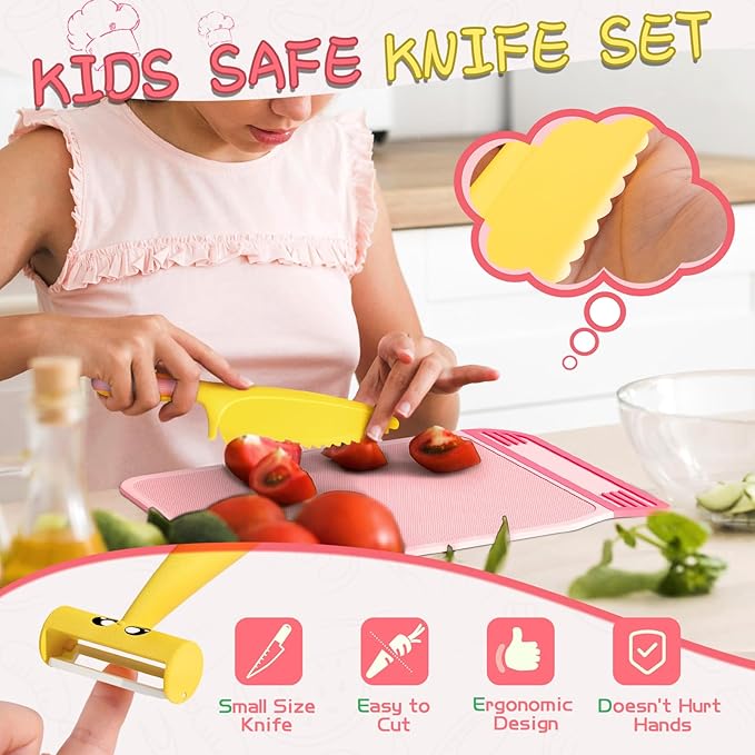 Montessori Kitchen Tools for Toddlers,Kids Knife for Real Cooking,Toddlers Knife Set with Storage Box Kids Safe Knives Children Cutting Set and Peeler,Montessori Toys for Kitchen Set -Pink Lullulii