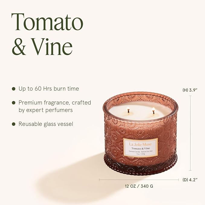 LA JOLIE MUSE Tomato & Vine Candle - Tomato Leaf, Rose, Moss | 12 oz Large 2-Wick Soy Wax Candle | 60 Hours Clean Burn | Fresh Garden Scented Candle | Gift-Ready for Hosts & Gatherings LaJol%C3%ADeMuse