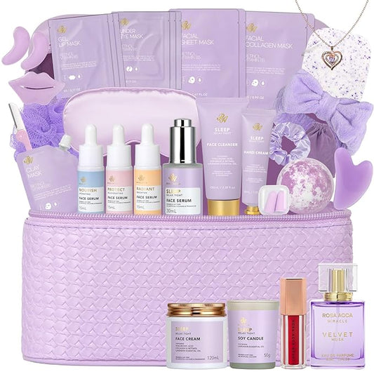 Christmas Gifts for Women, Lavender 33 Pcs Spa Bath & Body Gift Set, Face Sheet Mask Skin Care, Hydrogel Mask, Lip Gloss, Cosmetic Bag, Face Serum, Necklace, Cleanser, Gua Sha, Mother Day, Birthday RAROSAACCA