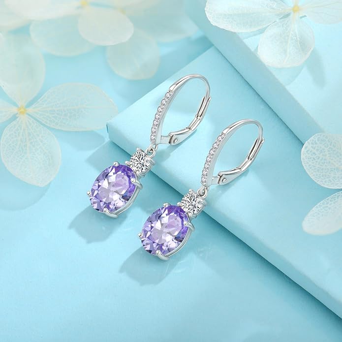 FJ Dangle Drop Earrings 925 Sterling Silver Solitaire Leverback Earrings Birthstone Jewelry for Women FJ