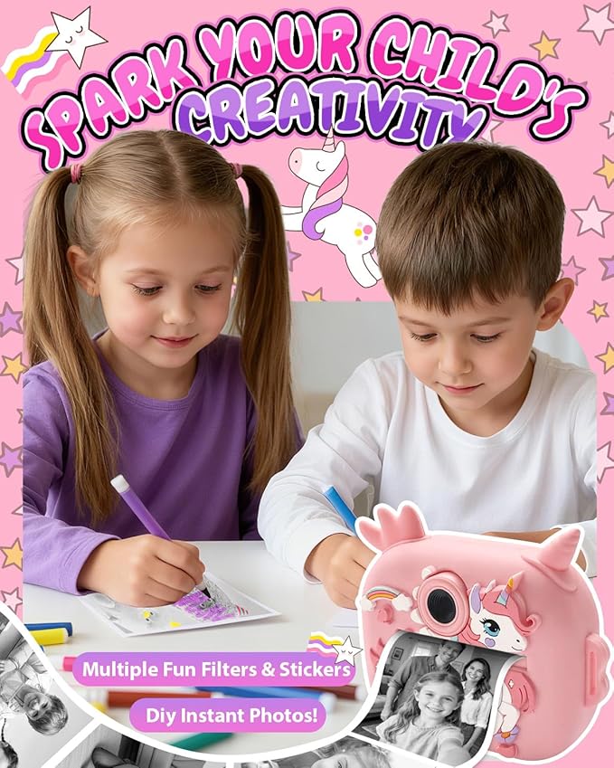 Kids Camera Instant Print, 1080P Kids Instant Cameras with Photo Printing and Fun Learning, Christmas Stuffers Birthday Gifts for Girls Age 3-12, Portable Toy for 3 4 5 6 7 8 9 10 Girls Boys, Pink Kick Boosters