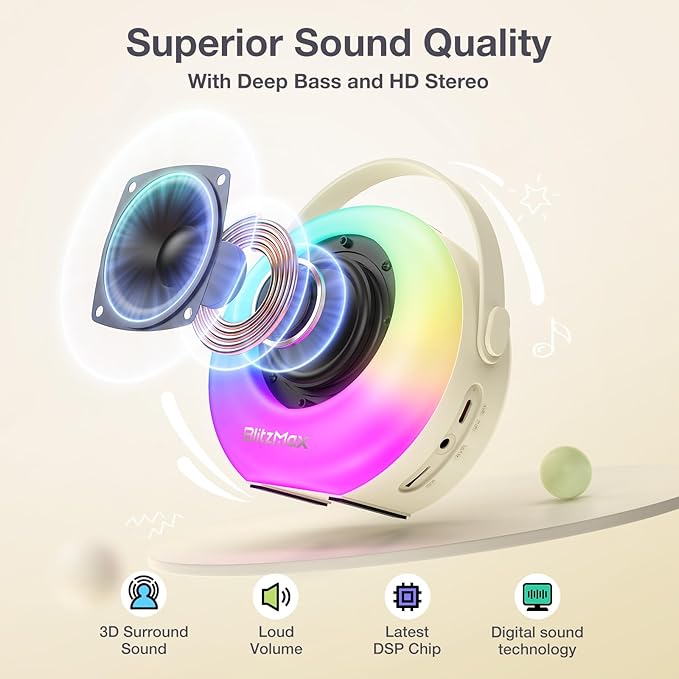 Karaoke Machine for Kids，Mini Portable Bluetooth Speaker with 2 Wireless Microphones,Karaoke Toys Gifts with Interactive Lights and Sound for Girls Boys Adults Home Party Birthday-Beige BlitzMax