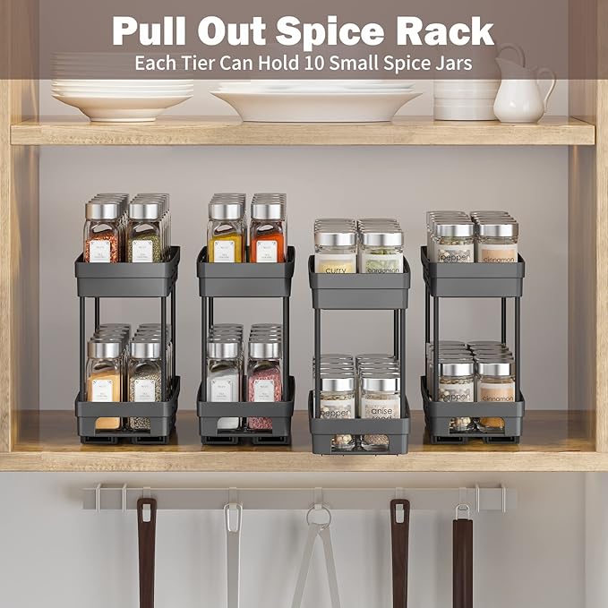 2 Pack Pull Out Spice Rack Organizer for Cabinet, Slide Out Spice Racks Organizer, Spice Cabinet Organizers, Cabinet Size Need:12'' Highx11'' Deepx5'' Wide,Hold 10 Spice Jar Each Tier-2Tier, Black DABIGE