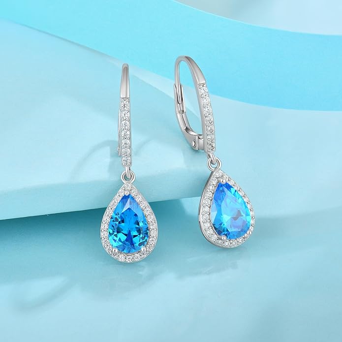 FJ Teardrop Dangle Drop Earrings 925 Sterling Silver Halo Leverback Earrings Birthstone Jewelry Gifts for Women FJ