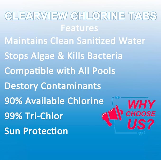 ClearView Chlorine Tablets 1 Inch 10 Lbs for Swimming Pools, 1" Chlorinating Tablets for Spa Hot Tub Chemicals Pool Chlorinating Sanitizer, Kills Bacteria Controls Algae Kick Boosters