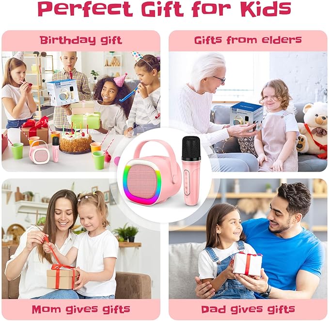 LENRUE Karaoke Machine for Kids, Birthday Gifts for Girls Boys Teens with Wireless Microphone, Colored Lights, Trendy Stuff Gifts for 3, 4, 5, 6, 7, 8, 9, 10 +Year Old (ProPink 2Mic) LENRUE