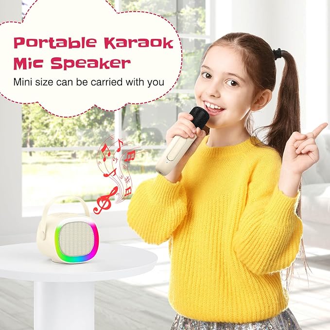 LENRUE Karaoke Machine for Kids, Birthday Gifts for Girls Boys Teens with Wireless Microphone, Colored Lights, Trendy Stuff Gifts for 3, 4, 5, 6, 7, 8, 9, 10 +Year Old (Beige 1 Mic) LENRUE