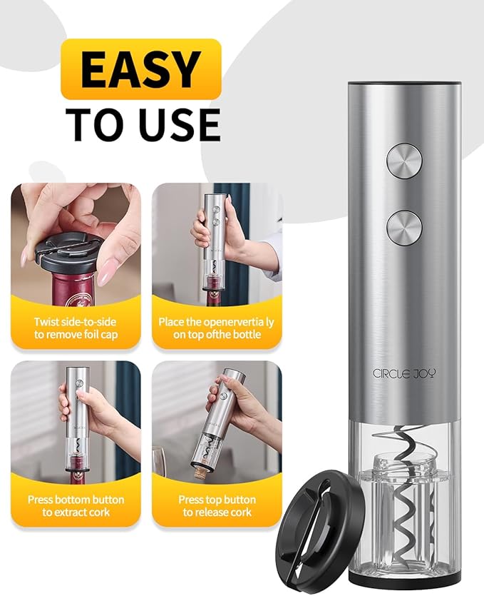 CIRCLE JOY Electric Wine Opener Rechargeable 5-in-1 Stainless Steel Wine Bottle Opener Premium Gift Set with Foil Cutter, Wine Aerator Pourer, Wine Drip Ring & Vacuum Stopper for Wine Lovers CIRCLEJOY