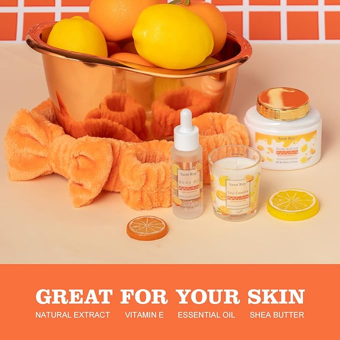 Orange Scents spa gift set Great Gift Lemon Spa Gifts for girls, Body care Set Birthday Gifts, Gift Baskets for Woman, 11pcs Bath Gift Set for Women, Christmas Gifts for Women Citrus Spa Gift Basket SaintRoy