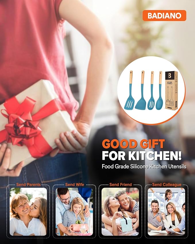 Silicone Cooking Utensils Set, Perfectly Angled for Frying, Mixing,Serving,Draining,Turning and Stirring, BPA-Free Matte Silicone, Wood Handles, Safe for Nonstick Cooking Surfaces,4 Pack (Blue) BADIANO