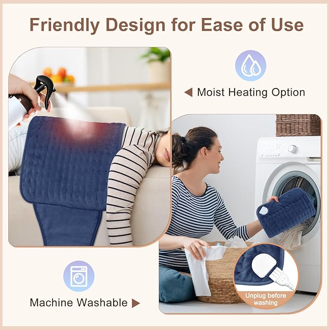 Heating Pad for Back Pain Relief, 12"x24"+20" Large Electric Heating Pad for Period Cramps Neck Shoulders with Belt, 4 Timer 6 Heat Setting & Auto Shut Off, Moist Heat Pad for Women (Blue) IGXHAVIZ