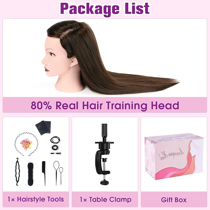26" Mannequin Head Human Hair, Cosmetology Mannequin Head with 80% Human Hair, Practice Training Doll Head with Clamp Holder and Tools (Dark Brown) MYSWEETY