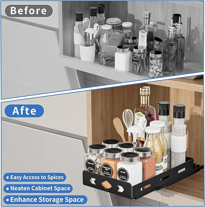 Pull Out Spice Rack Organizer for Cabinet, Heavy Duty-Slide Out Spice Rack, Vertical Spice Rack for Kitchen Cabinet and Pantry (6.3''Wx10.5''Dx2.8''H, Metal Black) BOIVSHI