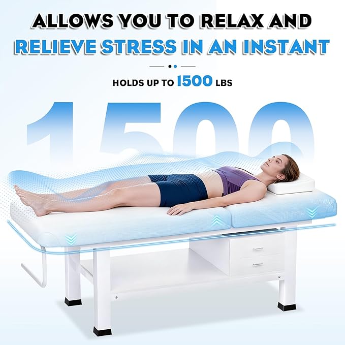 Stationary Massage Table with Memory Foam, Massage TattooTable with Adjustable Height, Facial Bed for Esthetician, PU Leather for Physical Therapy & Spa (Wood & Metal/Wh, 76''L x 30''W) Kick Boosters