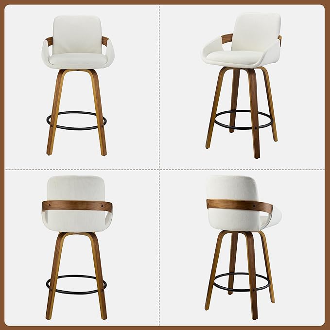 Beige Fabric Swivel Bar Stools with Back, Walnut Bentwood Mid-Century Design, Modern Bar Chairs with Curved Back and 360° Swivel, Ideal for Home Bars, Kitchens, Dining Spaces VipDesk