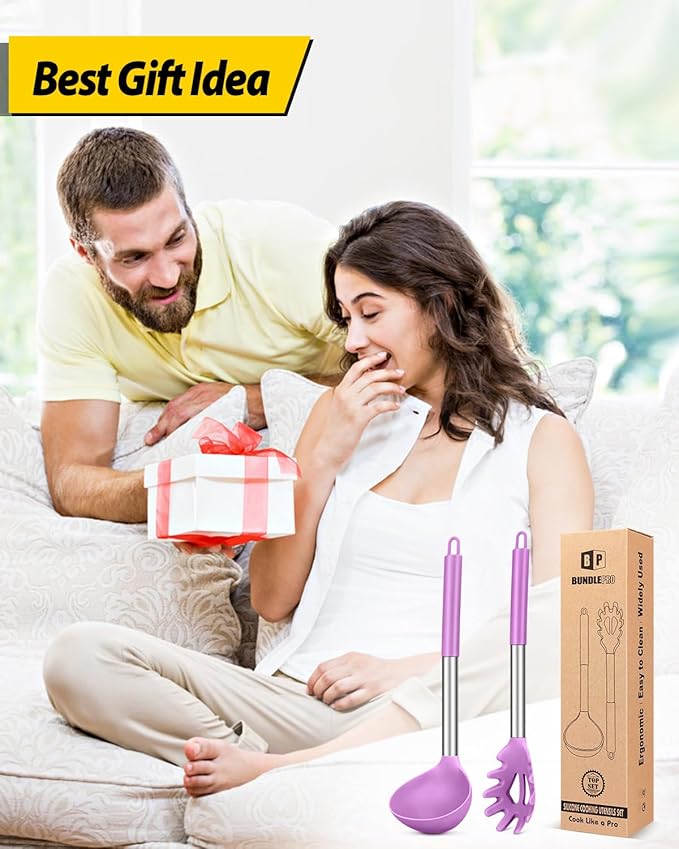 Silicone Pasta Fork and Ladle Spoon Set, Large Non Stick Kitchen Utensils for Cooking,Stirring,Serving Spaghetti, Soup, Sauce (PURPLE) BUNDLEPRO
