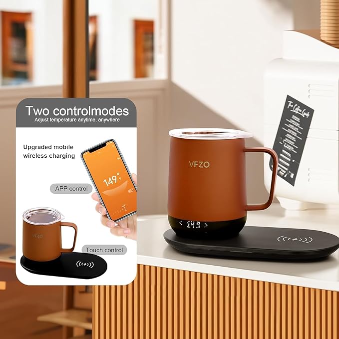 Temperature Control Smart Mug, Self Heating Coffee Mug LED Display, 180 Min Battery Life - Hot up to 149℉ Fast Wireless Charger Base Improved Design coffee serving sets (12oz, Orange) VFZO