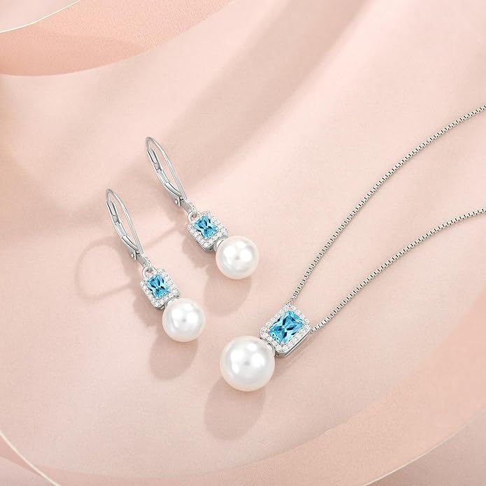 Pearl Drop Earrings Dangling 925 Sterling Silver Emerald Cut Leverback Earrings Birthstone Jewelry for Women INPASNE