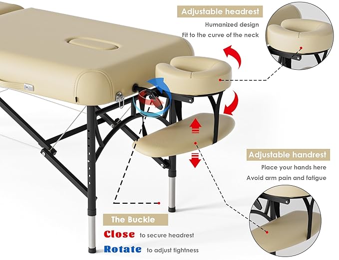 CLORIS 84" Professional Massage Table Portable 2 Folding Lightweight Facial Salon Spa Tattoo Bed Height Adjustable with Carrying Bag & Aluminium Leg Hold Up to 1100LBS Cream CLORIS-Direct