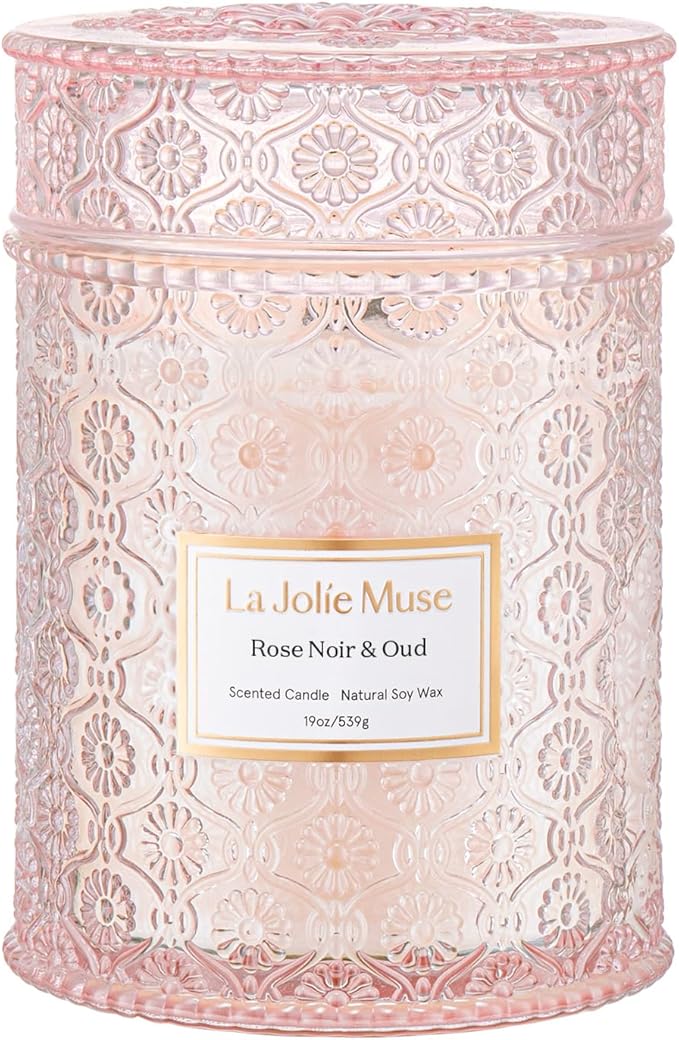 LA JOLIE MUSE Rose Noir & Oud Scented Candle – Lemon, Rose & Oud |19 oz Large Wooden Wick Candle | Natural Soy Wax | 90 Hours Clean Burn | Gift-Ready for Hosts & Gatherings | Elegant Home Décor LaJol%C3%ADeMuse
