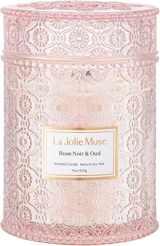 LA JOLIE MUSE Rose Noir & Oud Scented Candle – Lemon, Rose & Oud |19 oz Large Wooden Wick Candle | Natural Soy Wax | 90 Hours Clean Burn | Gift-Ready for Hosts & Gatherings | Elegant Home Décor LaJol%C3%ADeMuse