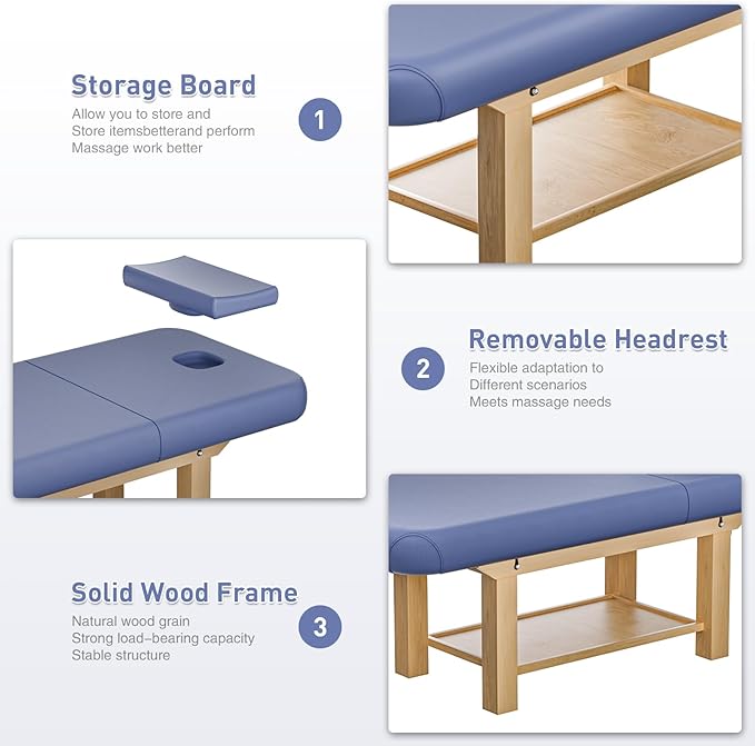 Stationary Massage Table with Memory Foam, Massage TattooTable with Adjustable Height, Facial Bed for Esthetician, PU Leather for Physical Therapy & Spa (Wood/Blue, 75''L x 28''W x 25''H) Kick Boosters