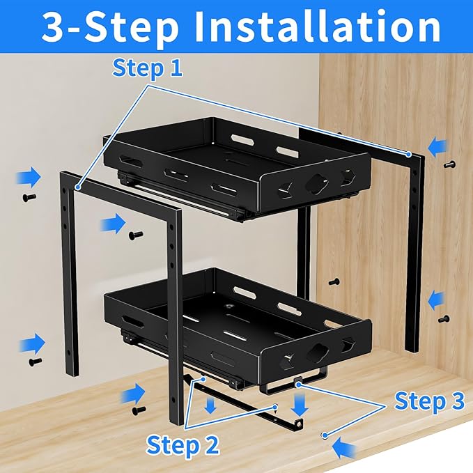 Pull Out Spice Racks for Inside Cabinets, 2-Tier Cabinet Spice Rack Organizer, Height Adjustable Vertical Spice Rack for Kitchen Cabinet (7.5''Wx10.8''Dx9.2''H, Metal Black) BOIVSHI