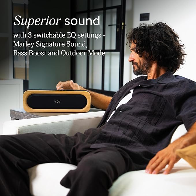 House of Marley Get Together 3 Bluetooth Speaker, 10Hr Playtime, USB-C Fast Charging, EQ Sound Modes, Ambient LED Light, 30m Wireless Range, Bamboo & Rewind Fabric Design (Signature Black) HouseofMarley