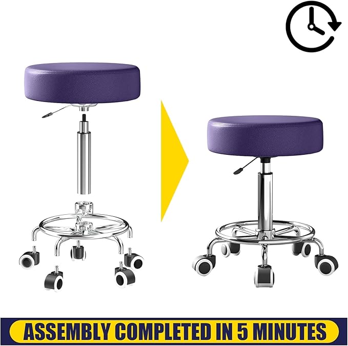 Rolling Stool, Heavy Weight Capacity 250lb, PU Leather Rolling stools, Ultra Soft Padded Seat, Rolling Stools with Wheels and Footrest, 360° Swivel, Spa Drawing Salon Work Office Tattoo Stool (Purple) YEEZEE