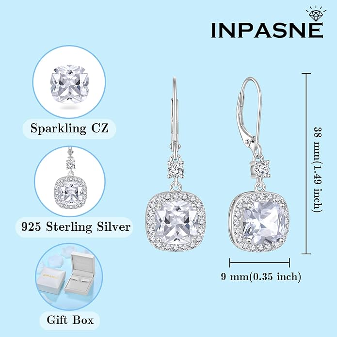 Women Leverback Earrings 925 Sterling Silver Princess Cut Halo Earrings Birthstone Dangle Drop Earrings for Women Her Mom Wife INPASNE