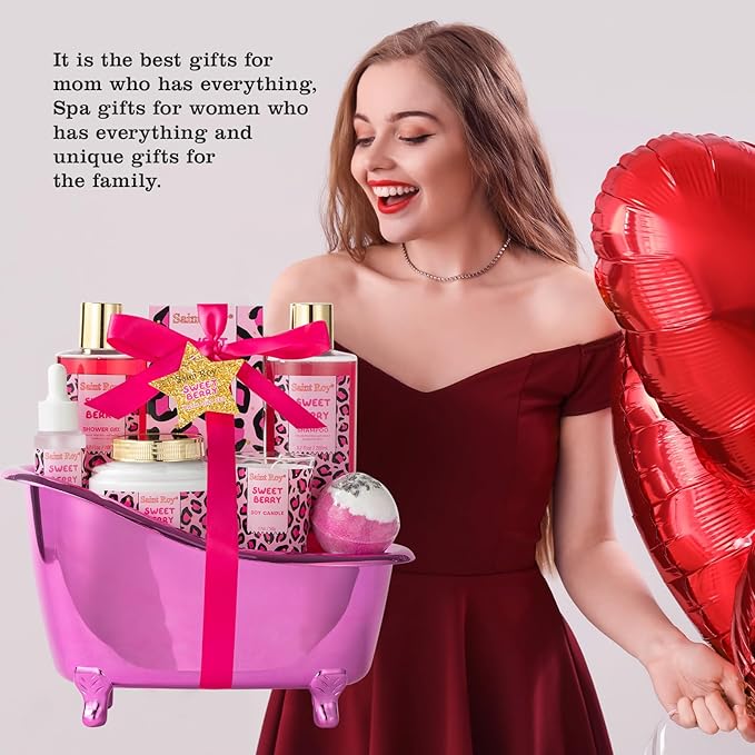 bath body Gifts for Her Home Bath Spa Gift Basket for Women Sweet Berry Bath Sets for Teens Gift Aromatherapy Home Spa Kit with Body Oil & More women's spa gift sets Best Gifts Mothers day SaintRoy