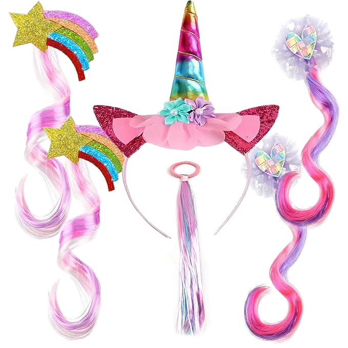 Jomi & Jolly 6 PCS Hair Accessories Set for Girls, Little Girl Colored Hair Tinsel Clips in Extensions, Princess Dress up Wigs, Cute Gifts and Costume Accessories for Little Princess (Unicorn) Kick Boosters