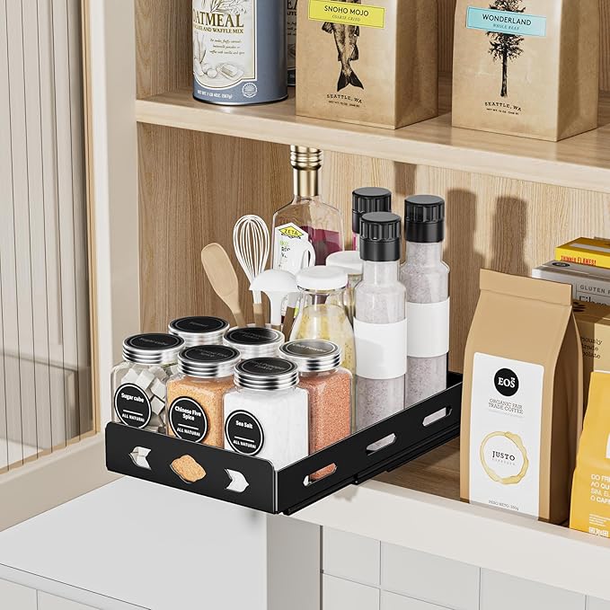 Pull Out Spice Rack Organizer for Cabinet, Heavy Duty-Slide Out Spice Rack, Vertical Spice Rack for Kitchen Cabinet and Pantry (6.3''Wx10.5''Dx2.8''H, Metal Black) BOIVSHI
